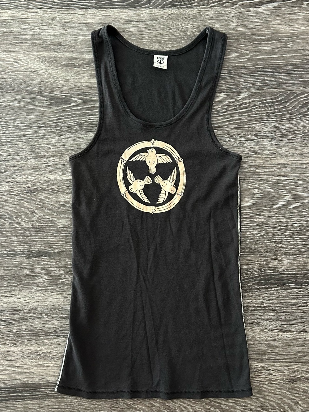 Vintage Y2K Lucky Brand Brown Birds Graphic Racerback Tank Top Womens M Long 90s